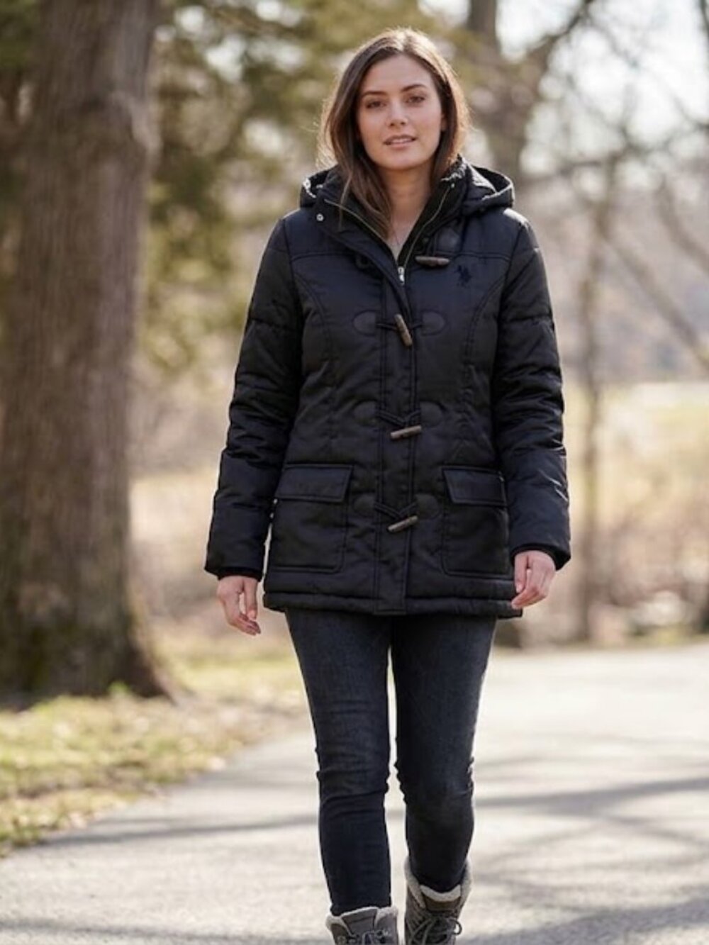 U.S. Polo Assn. Black Satin Puffer Jacket Coat Women Size M Hooded Toggle